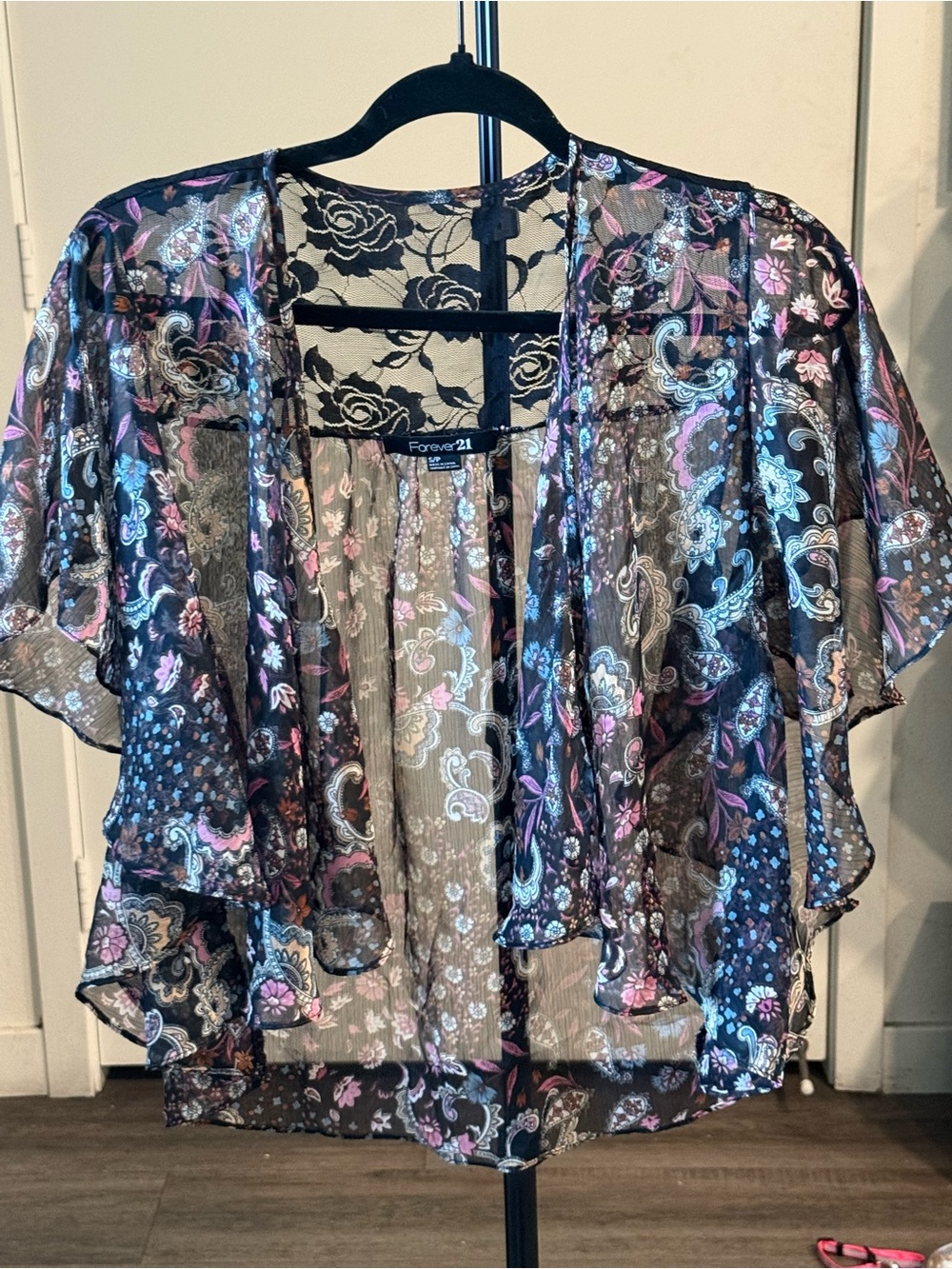 Forever 21 Black Sheer Floral Paisley Kimono with Pink & Blue Accents